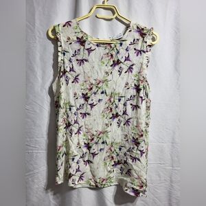 Point Zero Floral Sleeveless Blouse - White with Purple and Green, Size Small